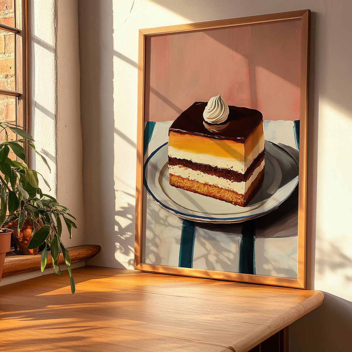 Opéra Cake – on Striped Tablecloth, French French Dessert Still Life, clean layout with no caption