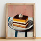 Opéra Cake – on Striped Tablecloth, French French Dessert Still Life, no-text version framed in wood