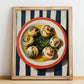 Escargots de Bourgogne – on Striped Tablecloth, French Food Wall Decor, no-text version framed in wood