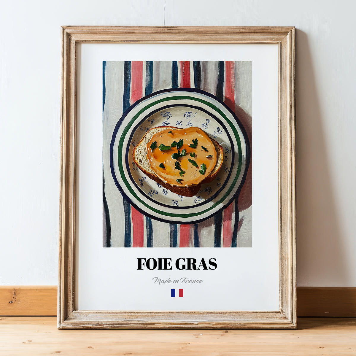 Foie Gras – Colorful Oil Painting, French Food Painting, in wooden frame leaning on the floor