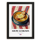 Soupe à l’Oignon – on Striped Tablecloth, French Food Poster, in sleek black frame