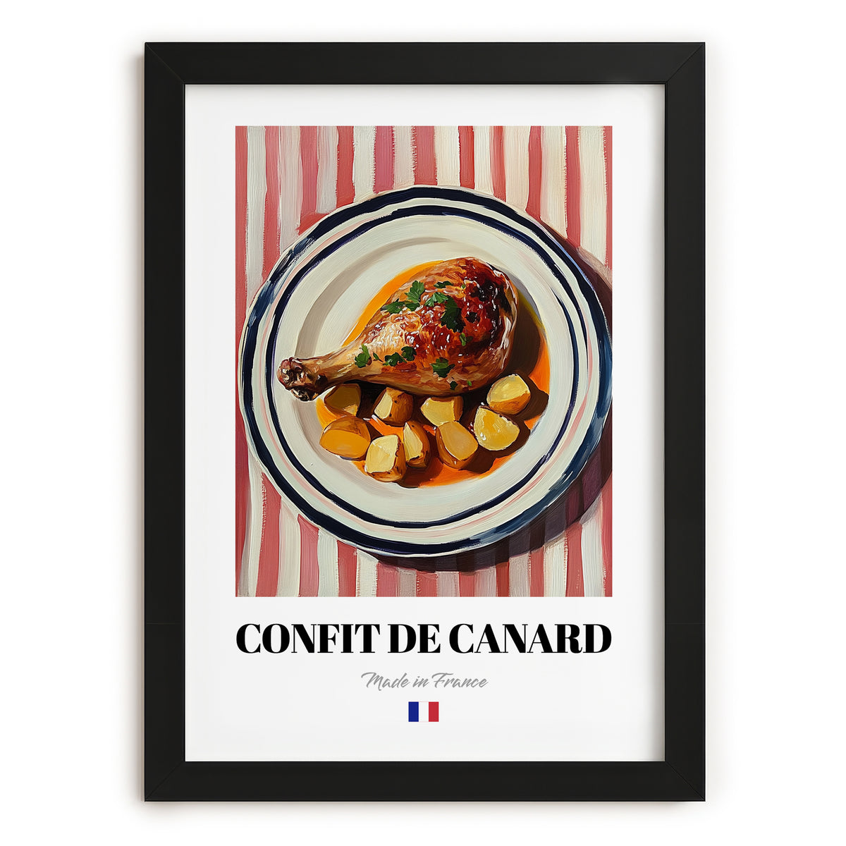 Confit de Canard – on Striped Tablecloth, French Food Illustration, in sleek black frame