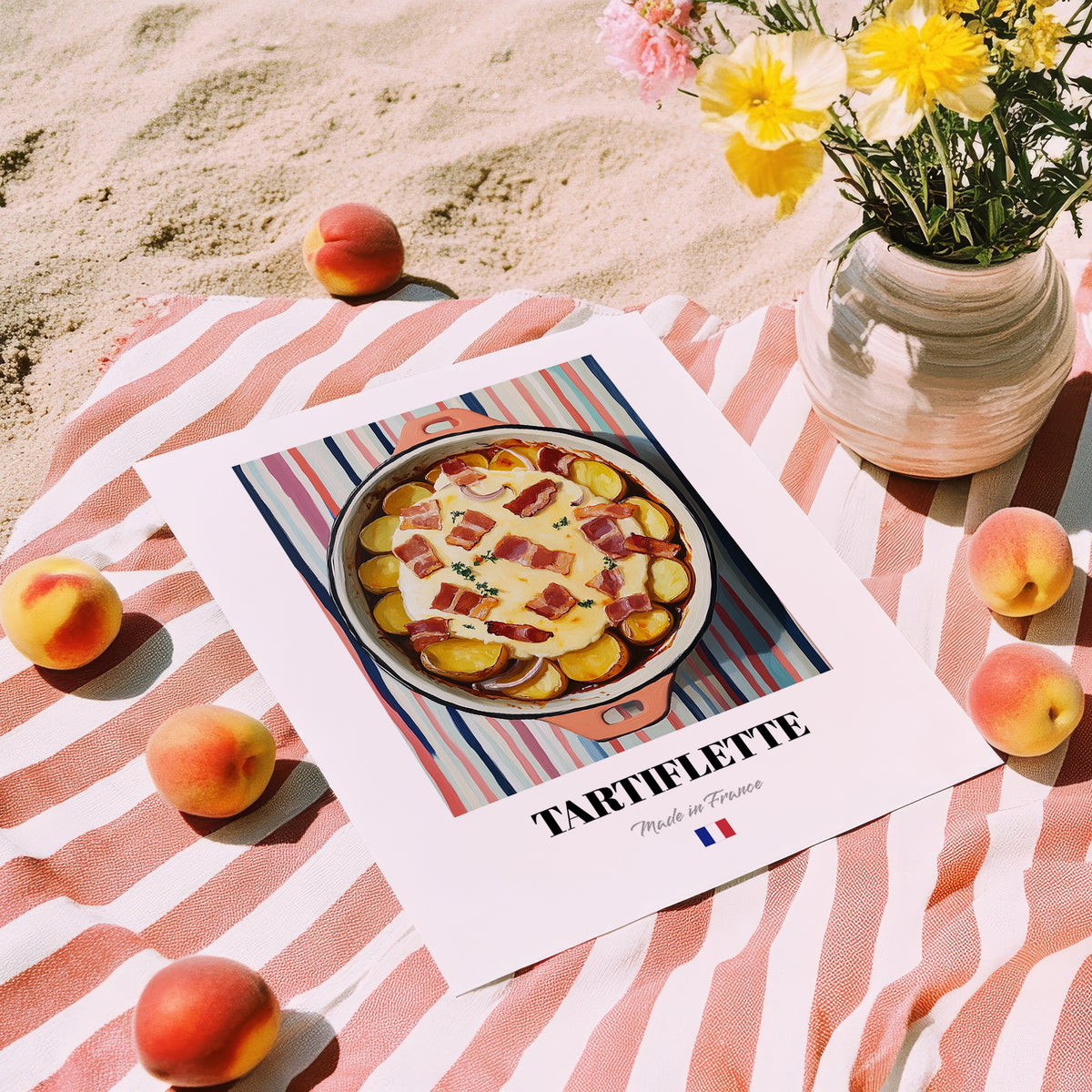 Tartiflette – on Striped Tablecloth, French Food Wall Decor, unframed on coastal sand