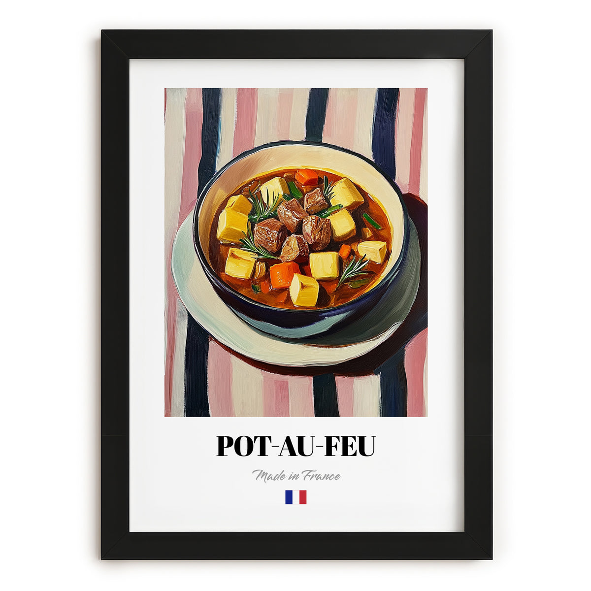 Pot-au-feu – on Striped Tablecloth, French Food Painting, in sleek black frame