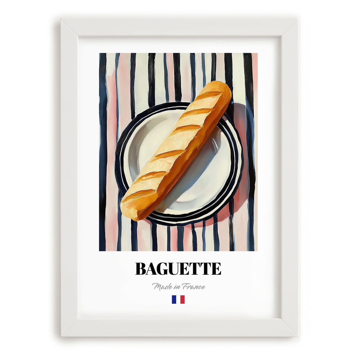 Baguette – on Striped Tablecloth, French Food Illustration, placed in minimal white frame