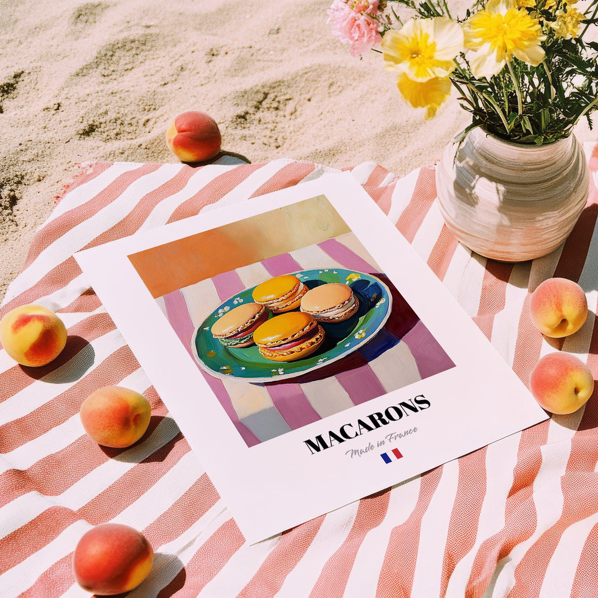 Macarons – Oil Painting, French French Dessert Illustration, unframed on coastal sand