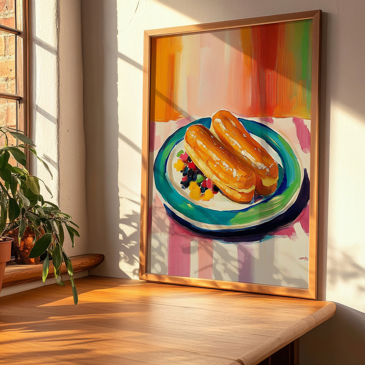 Éclair – Colorful Oil Painting, French French Pastry Print, clean layout with no caption
