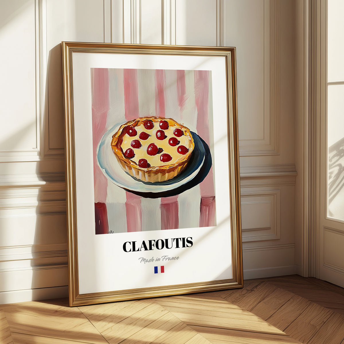 Clafoutis – on Striped Tablecloth, French French Dessert Illustration 