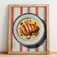 Escalope Normande – on Striped Tablecloth, French Food Illustration, no-text version framed in wood