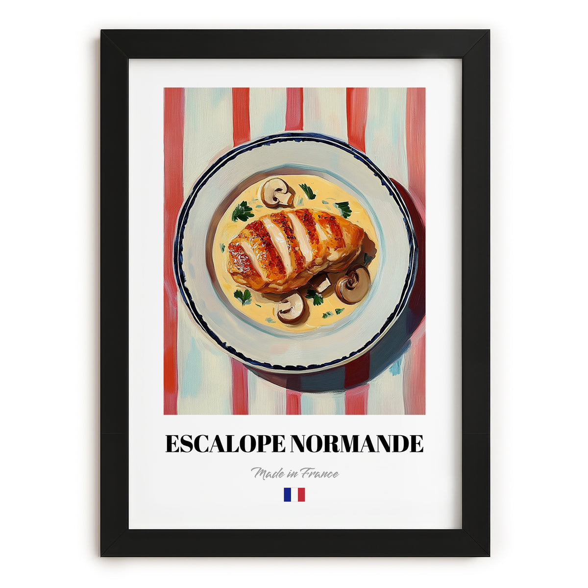 Escalope Normande – on Striped Tablecloth, French Food Illustration, in sleek black frame