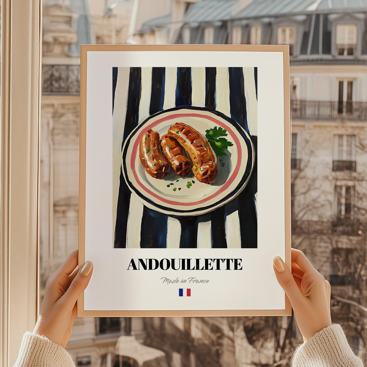 Andouillette – on Striped Tablecloth, French Food Wall Decor, styled in a charming Paris street view