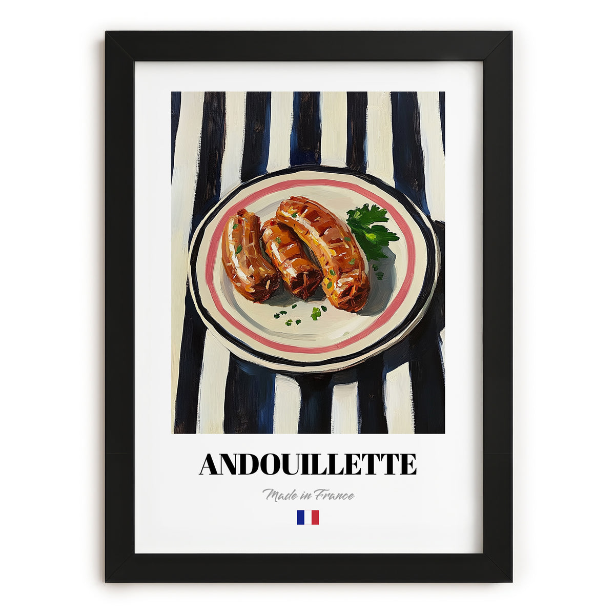Andouillette – on Striped Tablecloth, French Food Wall Decor, in sleek black frame