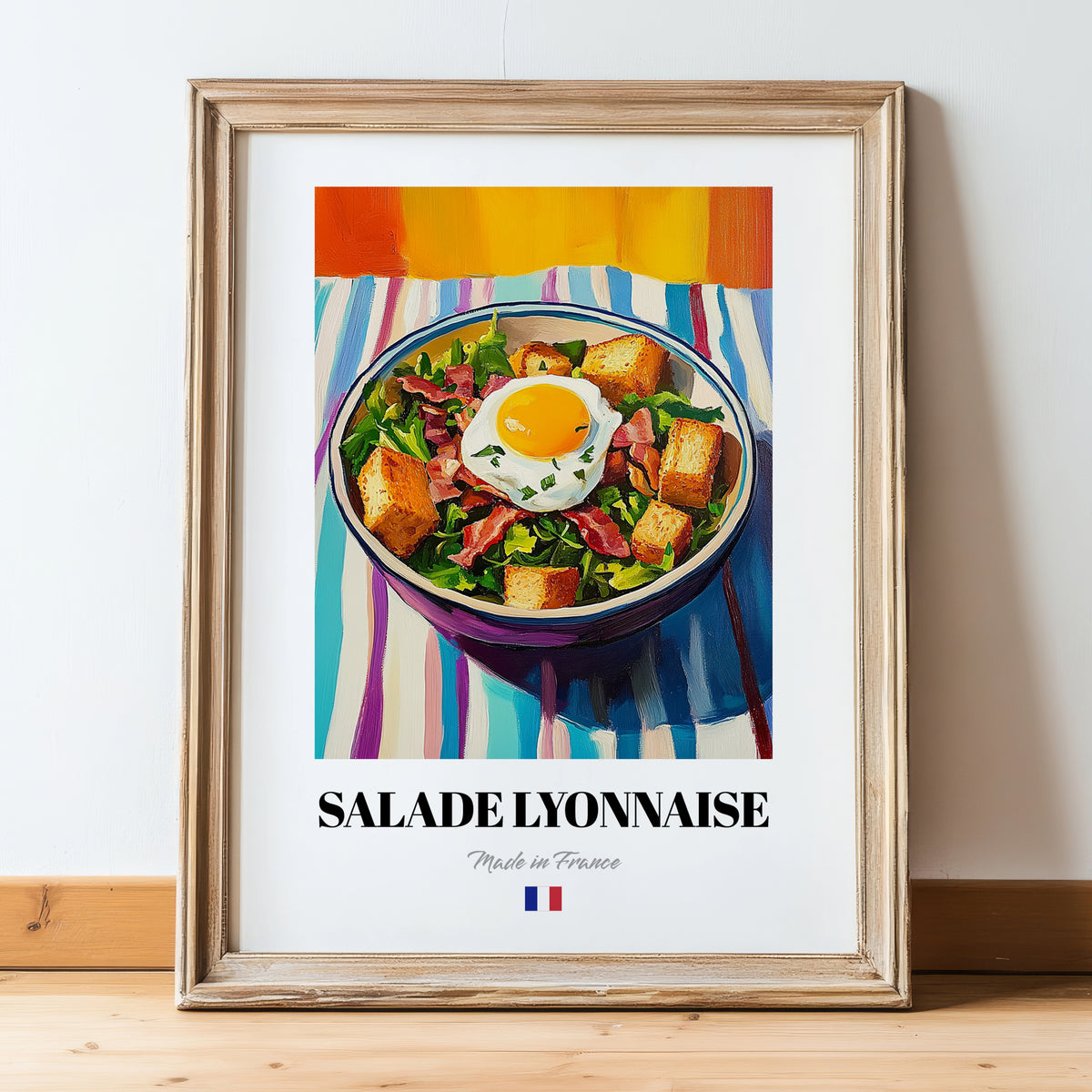 Salade Lyonnaise – Colorful Oil Painting, French Food Wall Illustration, in wooden frame leaning on the floor
