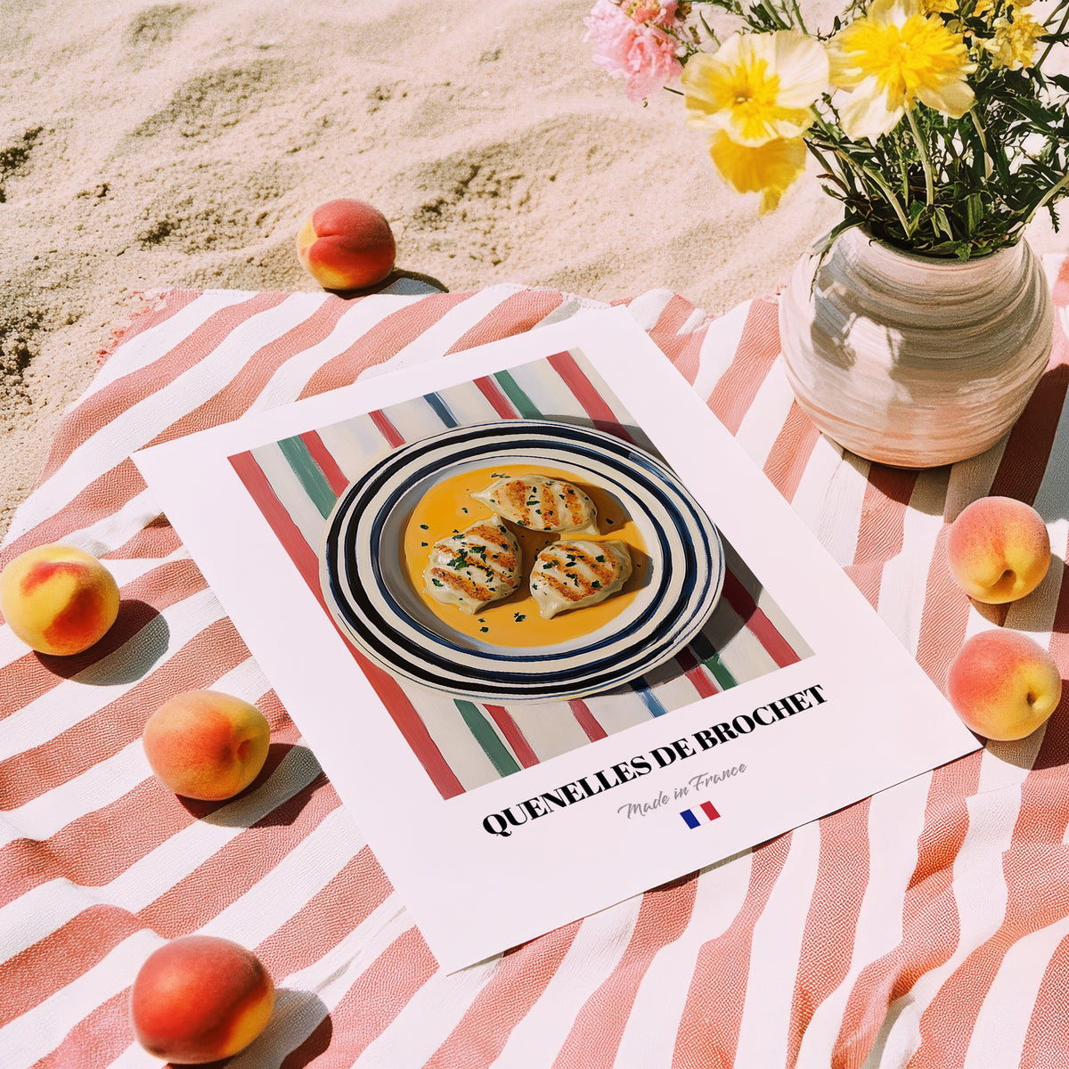 Quenelles de Brochet – on Striped Tablecloth, French Food Painting, unframed on coastal sand