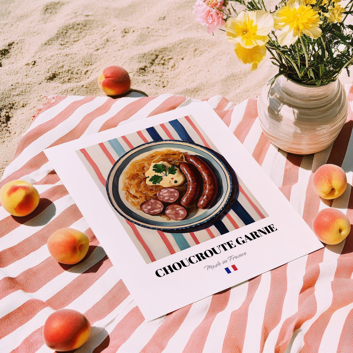 Choucroute Garnie – on Striped Tablecloth, French Food Wall Decor, unframed on coastal sand