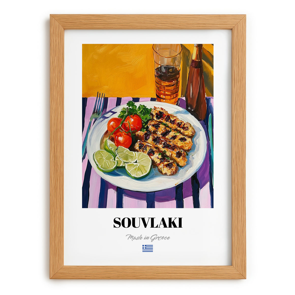 Souvlaki – Colorful Oil Painting, Greek Food Poster, set in oak frame