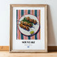 Souvlaki – on Striped Tablecloth, Greek Food Wall Decor, in wooden frame leaning on the floor