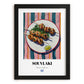 Souvlaki – on Striped Tablecloth, Greek Food Wall Decor, in sleek black frame