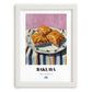 Baklava – on Striped Tablecloth, Greek Dessert Illustration, placed in minimal white frame