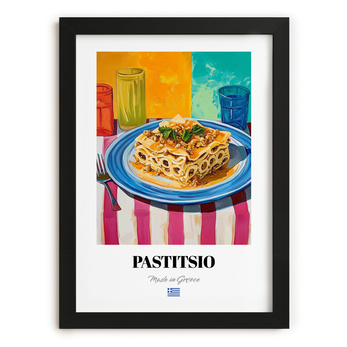 Pastitsio – Colorful Oil Painting, Greek Pasta Still Life, in sleek black frame