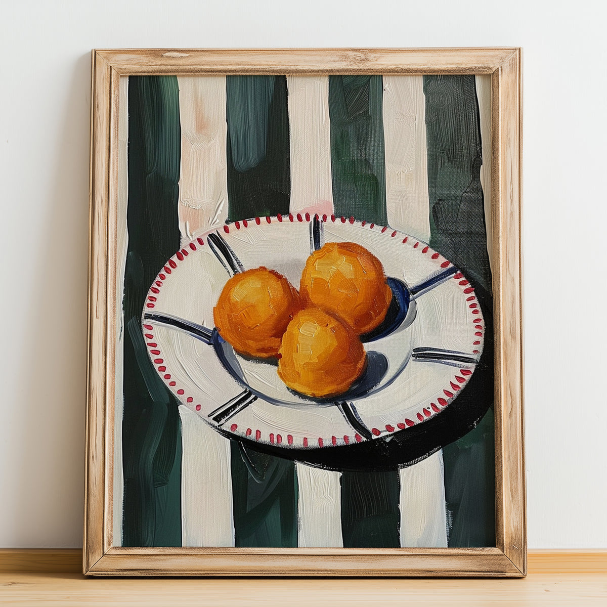 Loukoumades – on Striped Tablecloth, Greek Dessert Poster, no-text version framed in wood