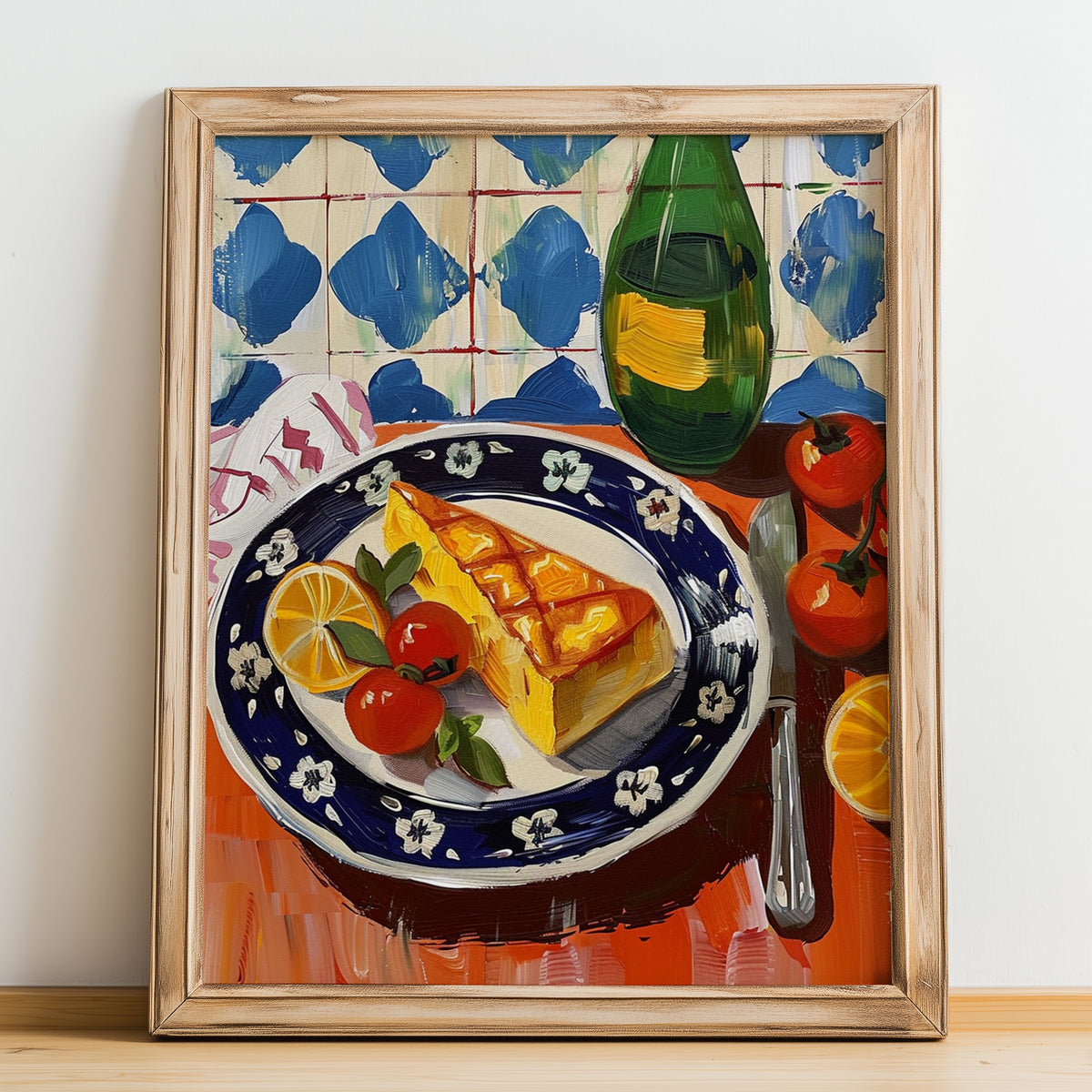 Saganaki – Oil Painting, Greek Cheese Wall Decor, no-text version framed in wood