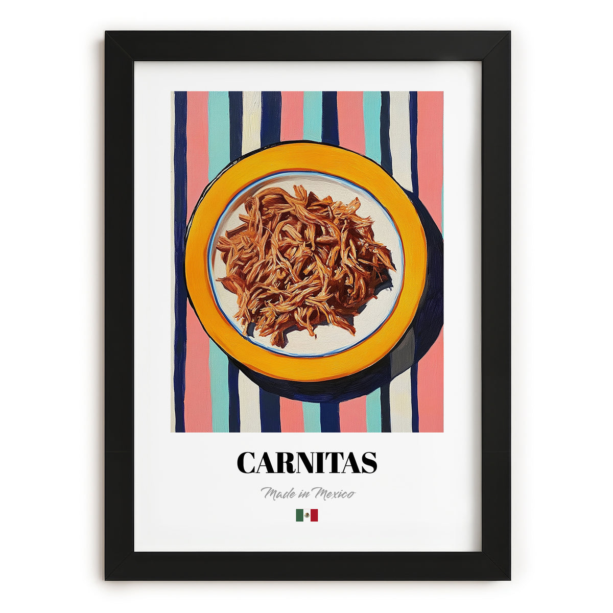 Carnitas – on Striped Tablecloth, Mexican Food Illustration, in sleek black frame