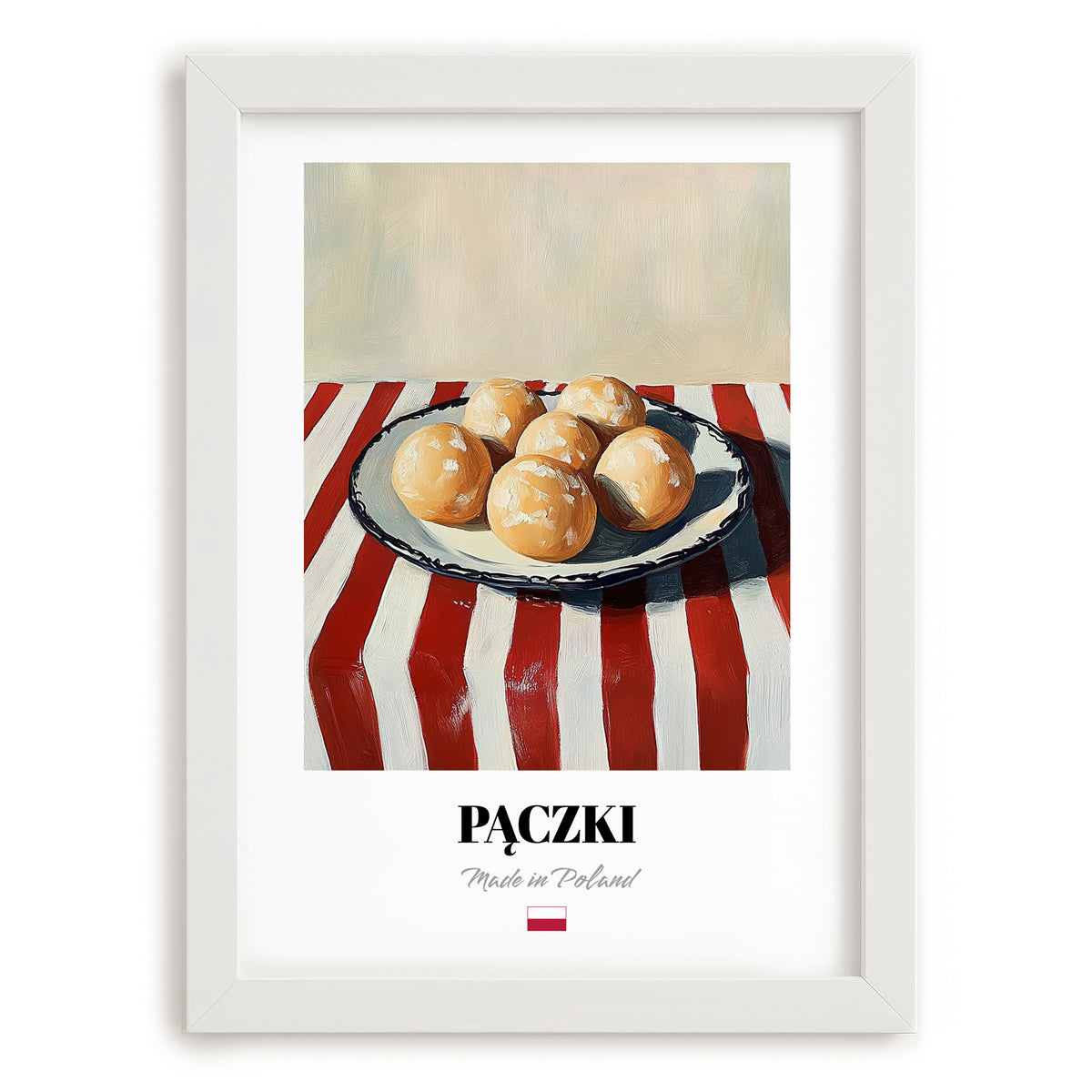 Pączki – on Striped Tablecloth, Polish Pastry Wall Decor, placed in minimal white frame