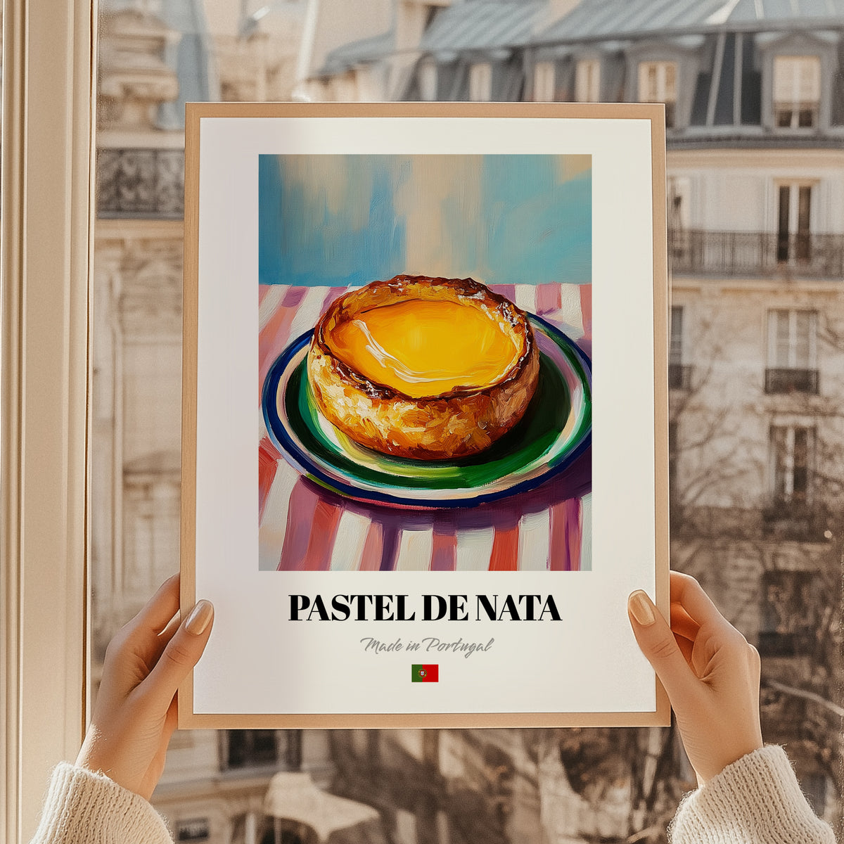 Pastel de Nata – Oil Painting, Portuguese Dessert Print, styled in a charming Paris street view
