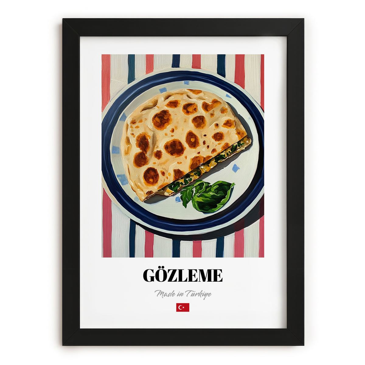 Gözleme – on Striped Tablecloth, Turkish Pastry Wall Decor, in sleek black frame
