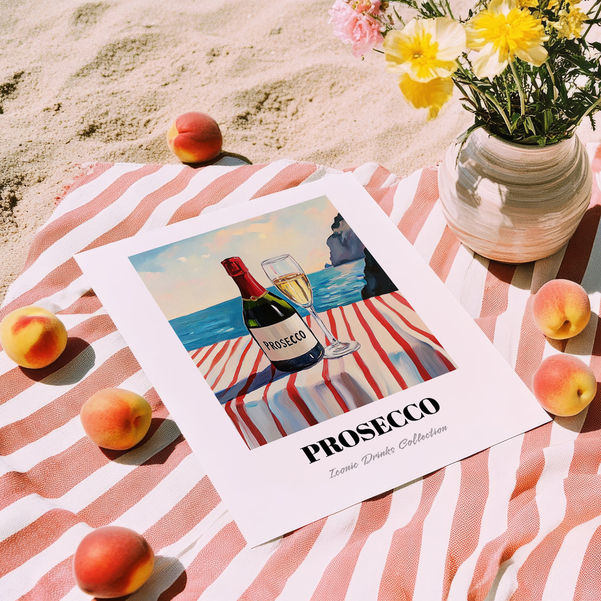 Prosecco – Italian Seaside Café Scene, Italian Wine Still Life, unframed on coastal sand