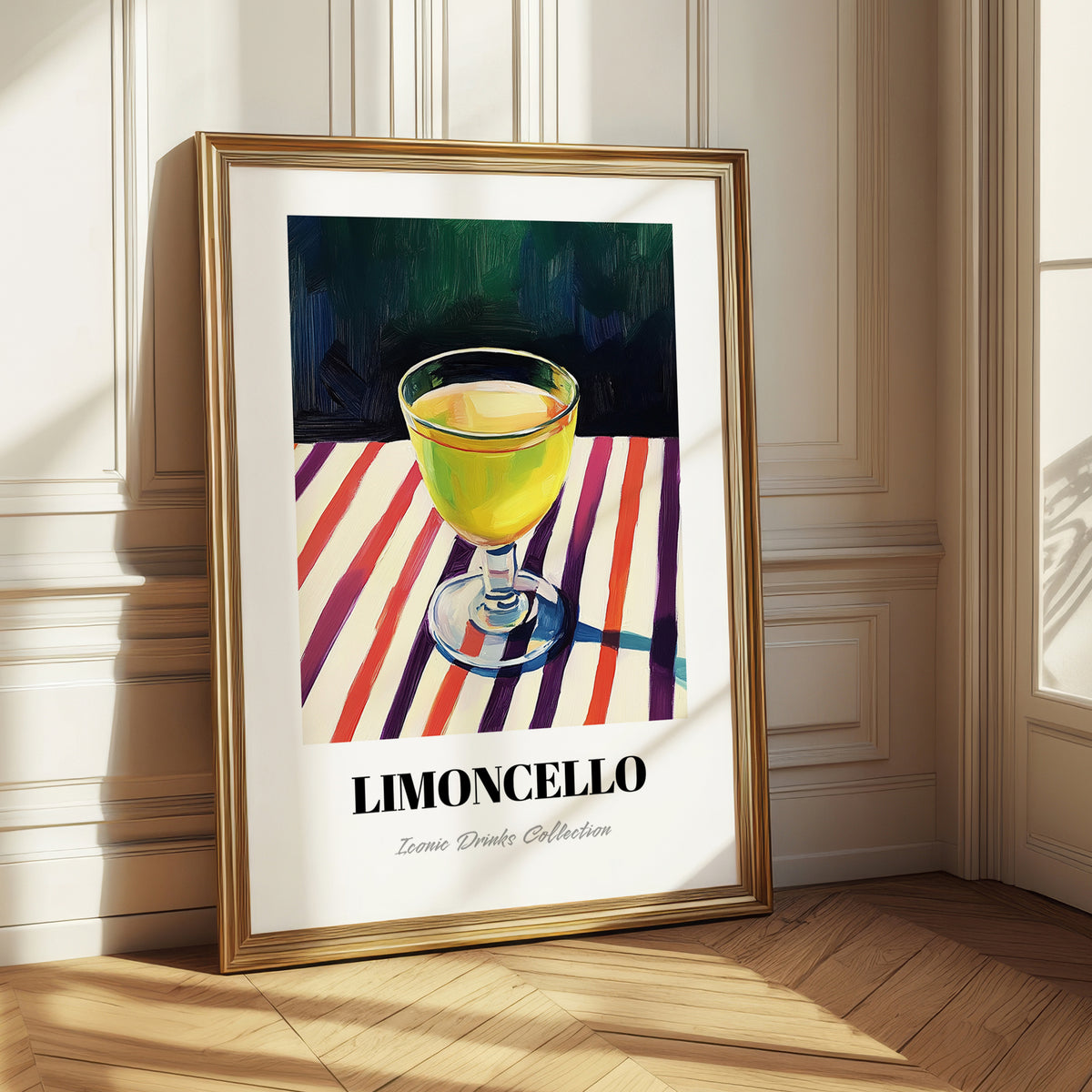Limoncello – on Striped Tablecloth, Italian Spirit Wall Decor