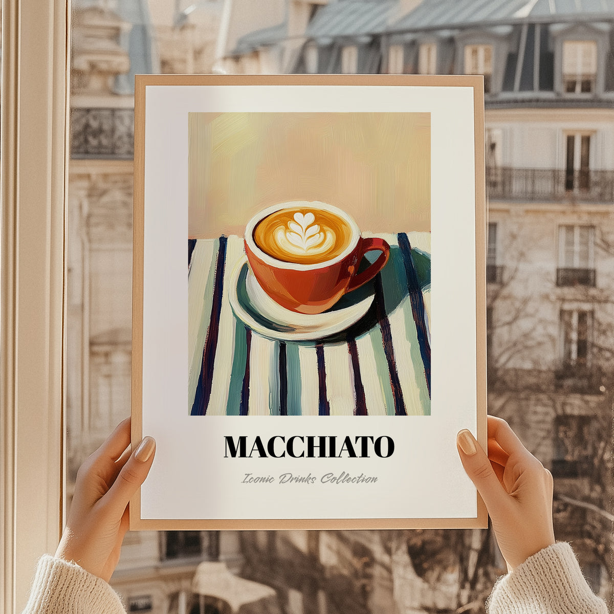 Macchiato – on Striped Tablecloth, Italian Coffee Print, styled in a charming Paris street view
