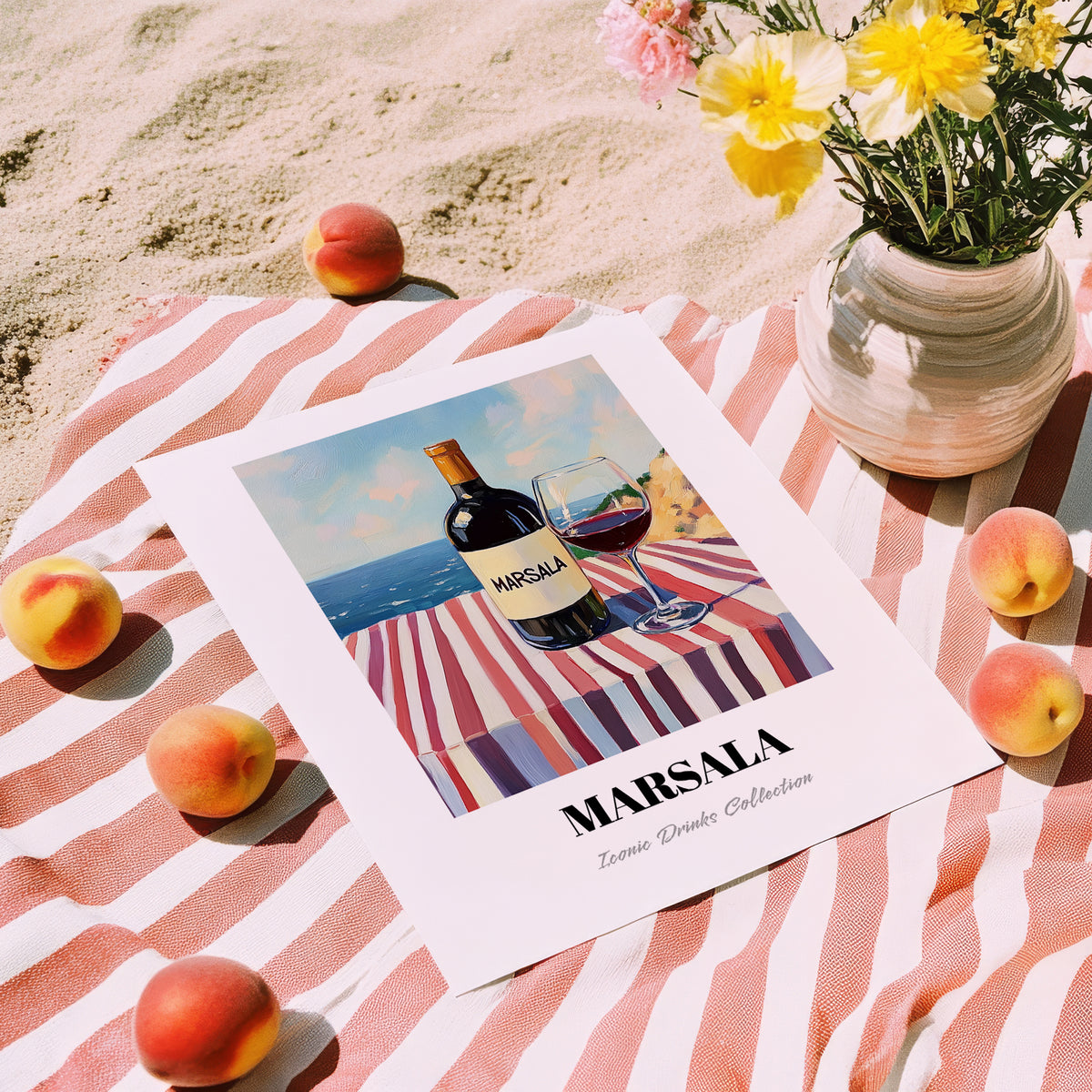 Marsala – Italian Seaside Scene, Italian Wine Poster, unframed on coastal sand