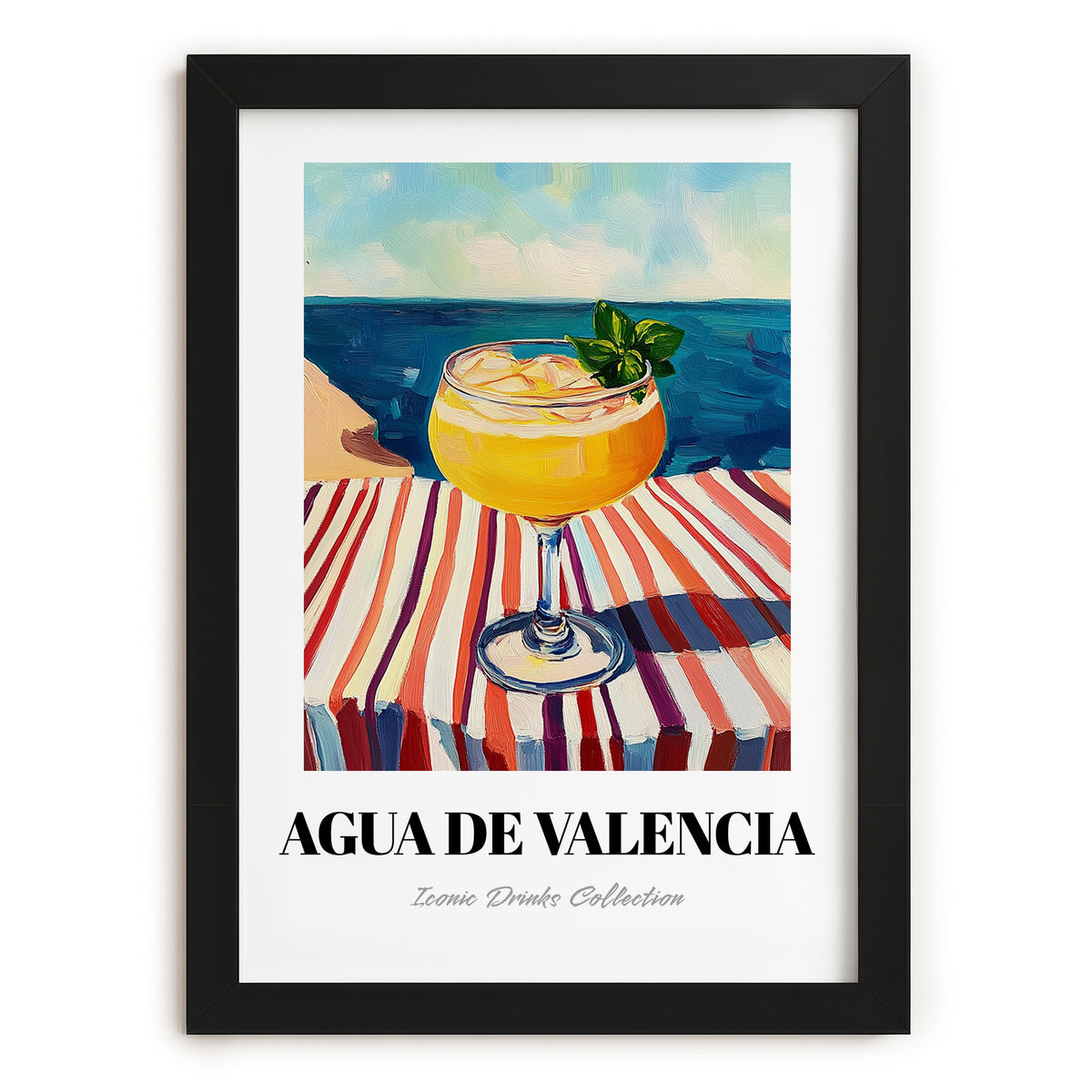 Agua De Valencia – Spanish Coastal Café Moment, Spanish Cocktail Illustration, in sleek black frame