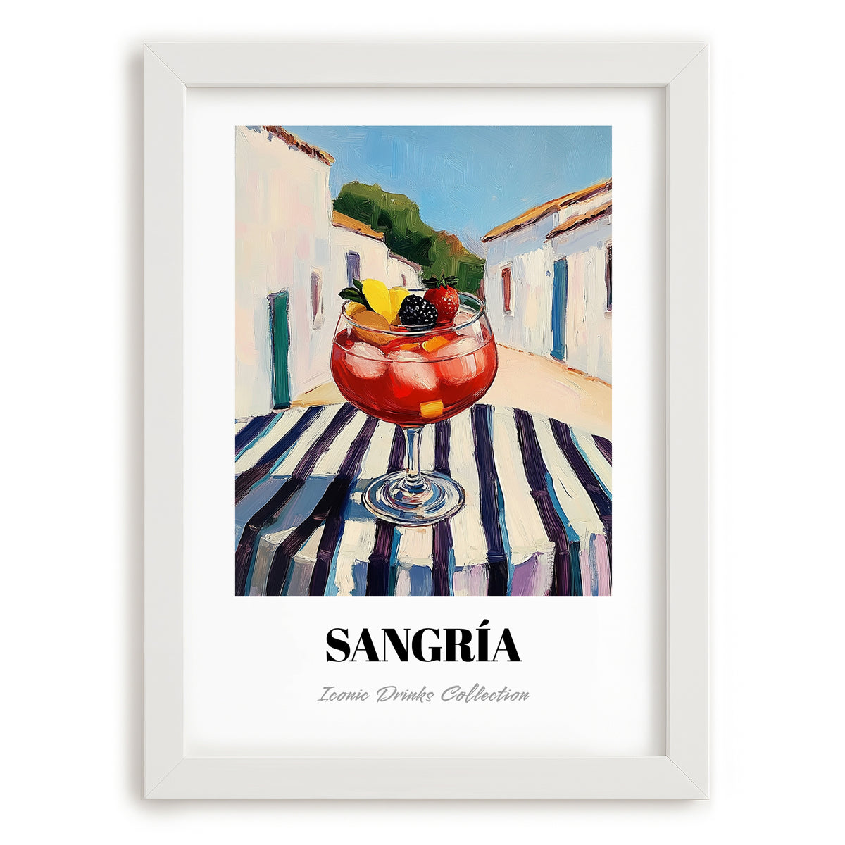Sangría – Spanish Urban Café Scene, Spanish Cocktail Painting, placed in minimal white frame