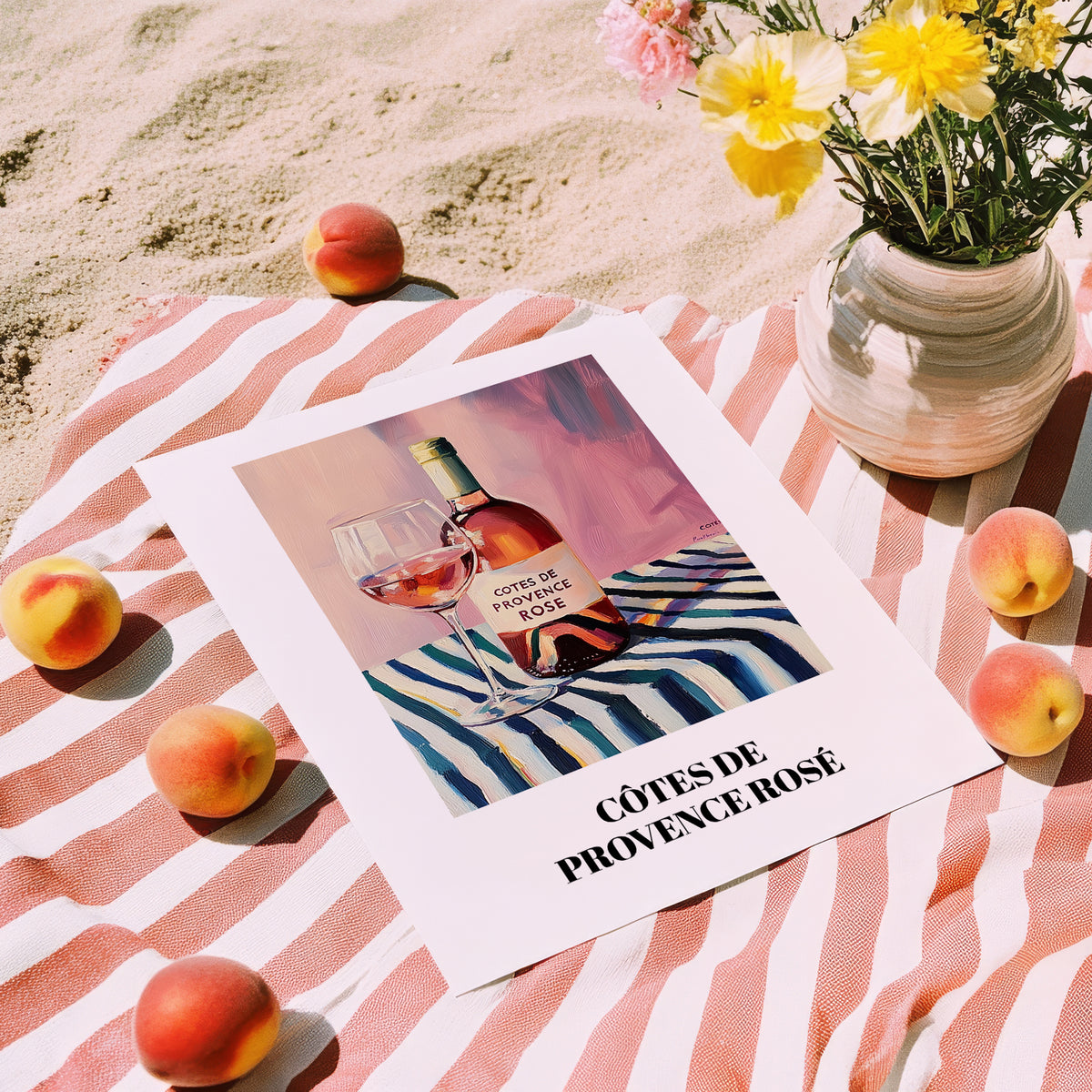 Côtes De Provence Rosé – on Striped Tablecloth, French Wine Still Life, unframed on coastal sand