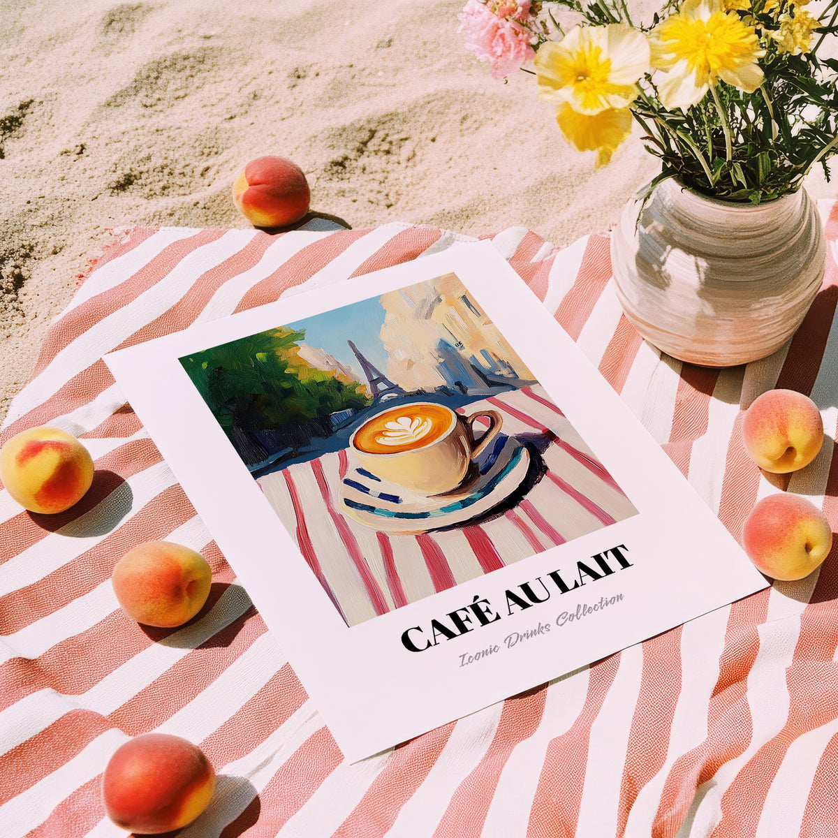Café Au Lait – French Urban Café Scene, French Coffee Poster, unframed on coastal sand