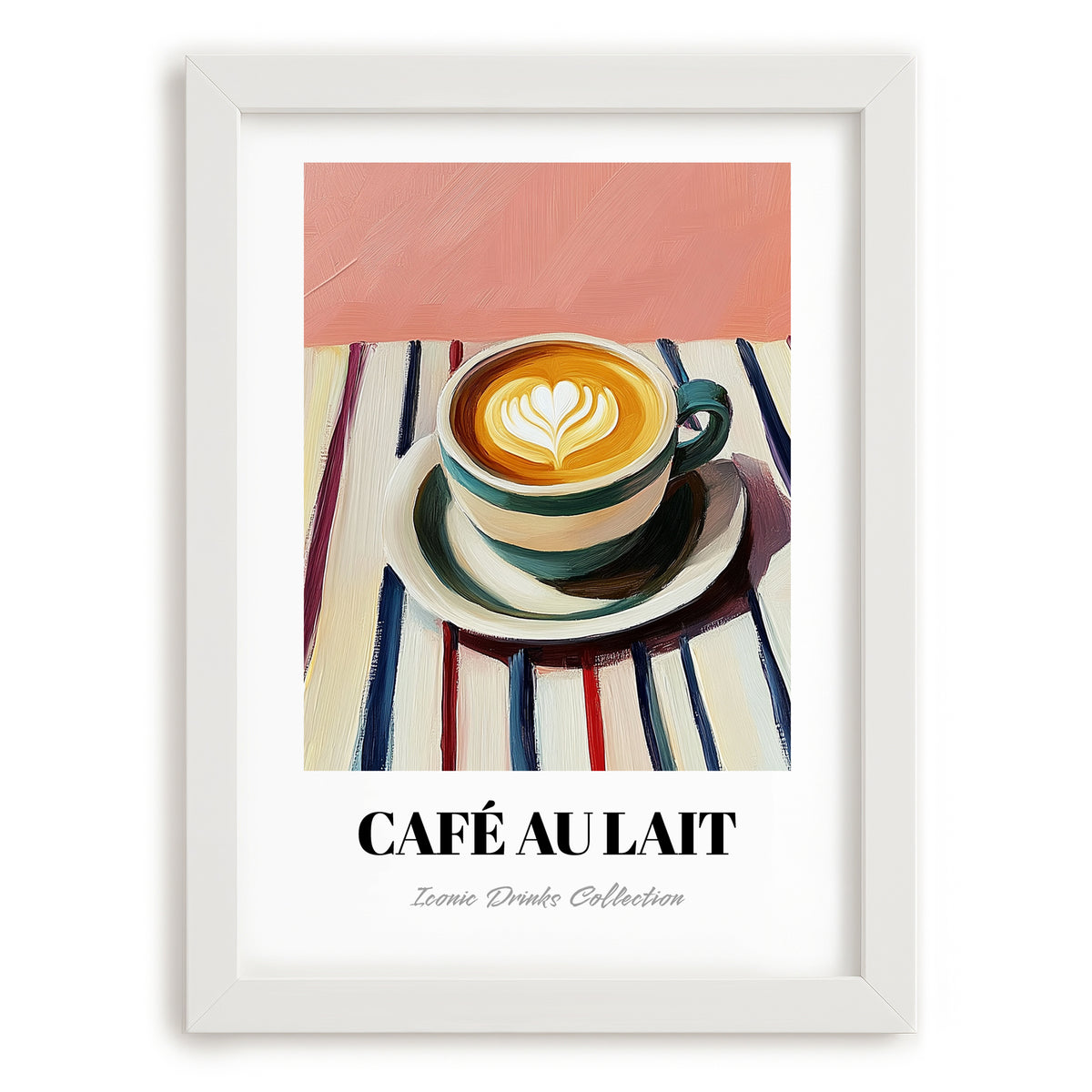 Café Au Lait – on Striped Tablecloth, French Coffee Print, placed in minimal white frame