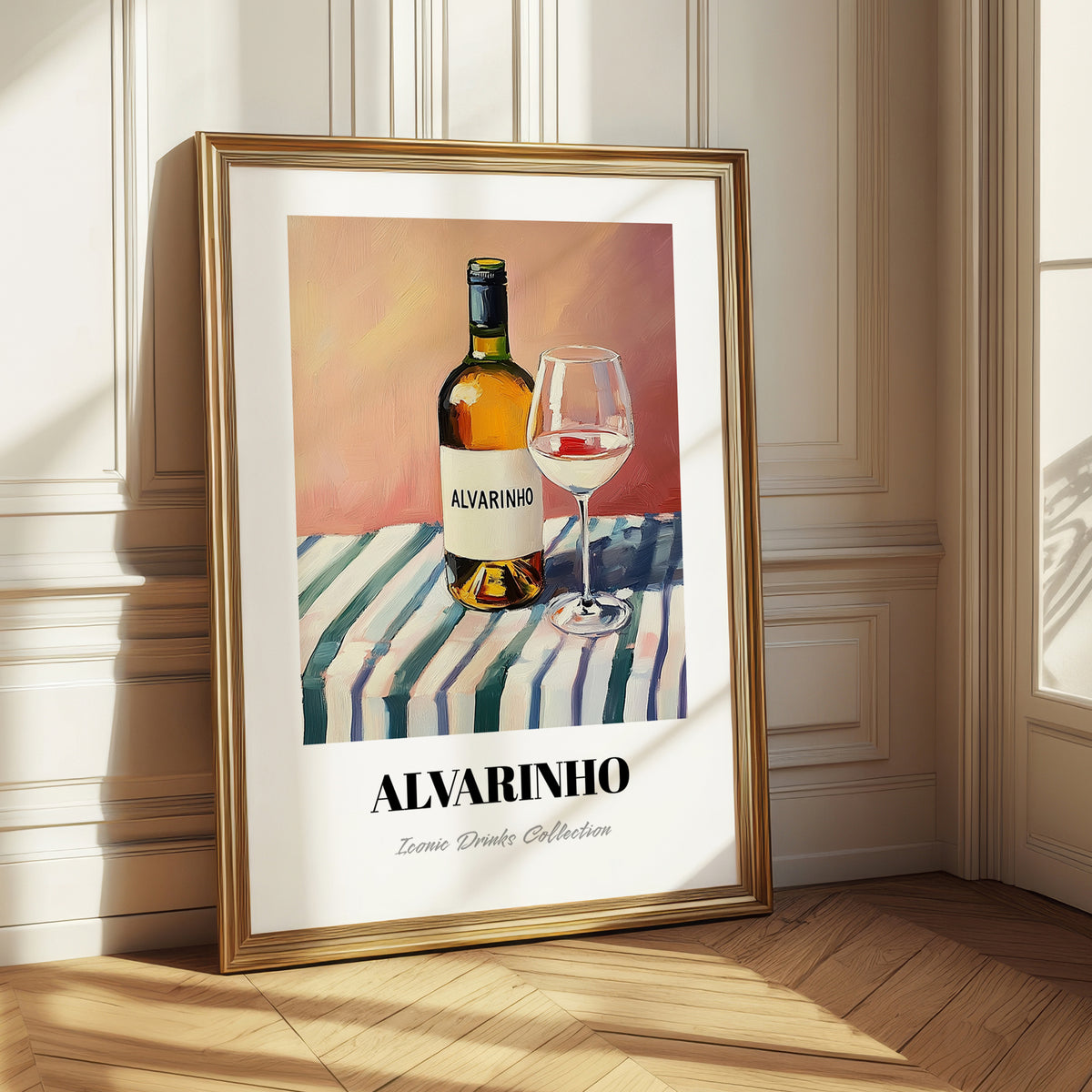 Alvarinho – on Striped Tablecloth, Portuguese Wine Still Life