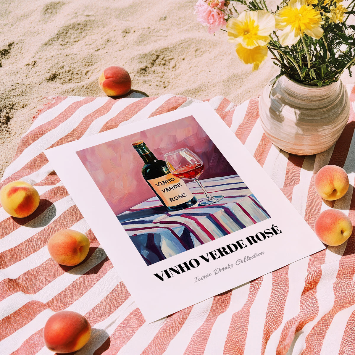 Vinho Verde Rosé – on Striped Tablecloth, Portuguese Wine Wall Decor, unframed on coastal sand
