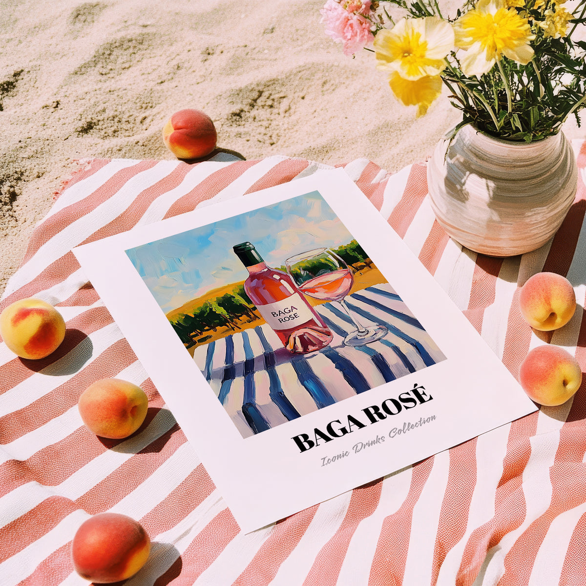 Baga Rosé – Portuguese Hilltop Café Scene, Portuguese Wine Wall Illustration, unframed on coastal sand
