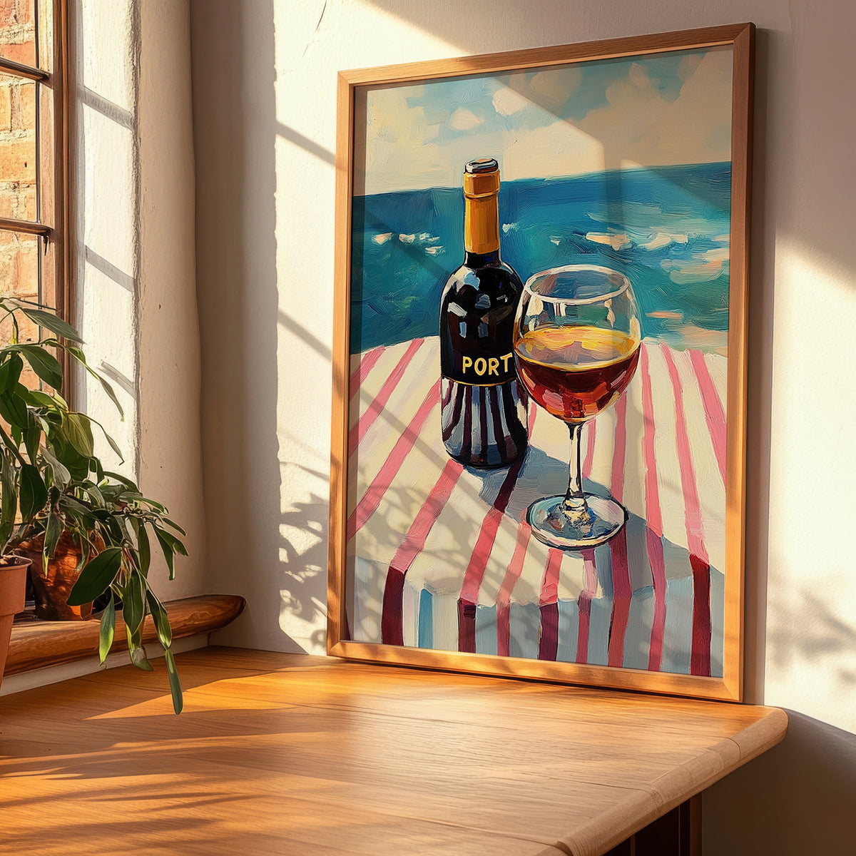 Port – Portuguese Seaside Café Scene, Portuguese Dessert Wine Illustration, clean layout with no caption