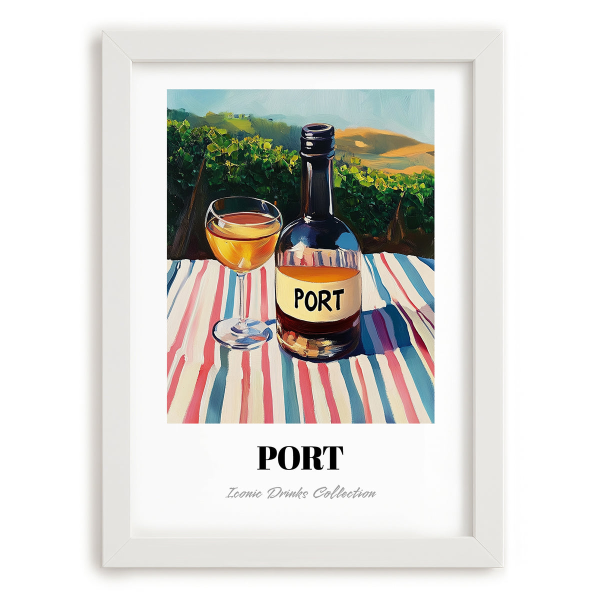 Port – Portuguese Hilltop Café Scene, Portuguese Dessert Wine Painting, placed in minimal white frame