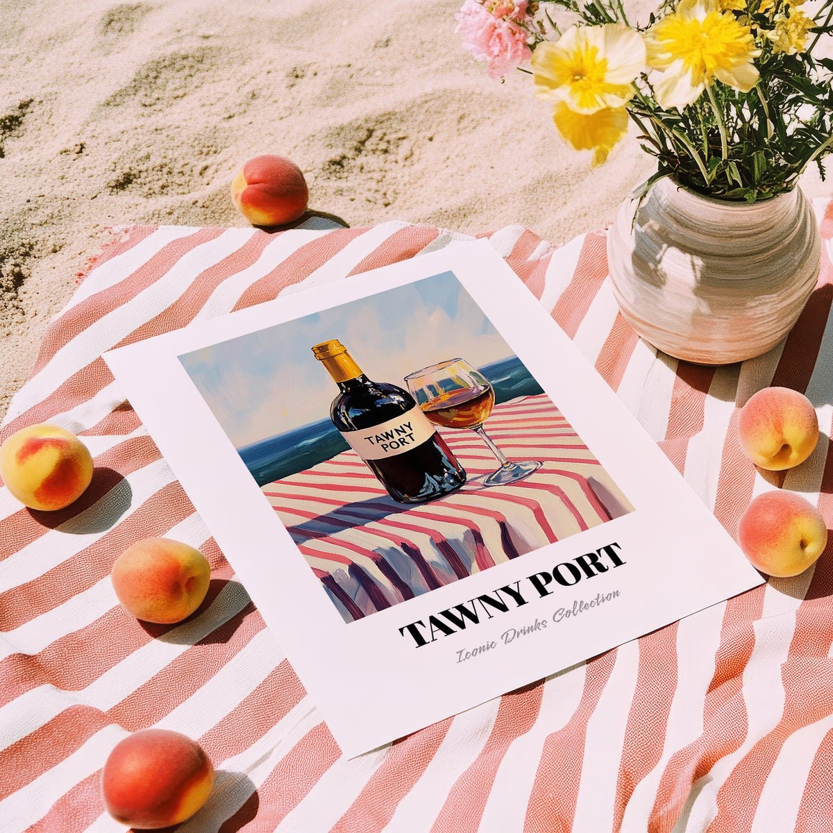 Tawny Port – Portuguese Coastal Café Moment, Portuguese Dessert Wine Wall Art, unframed on coastal sand