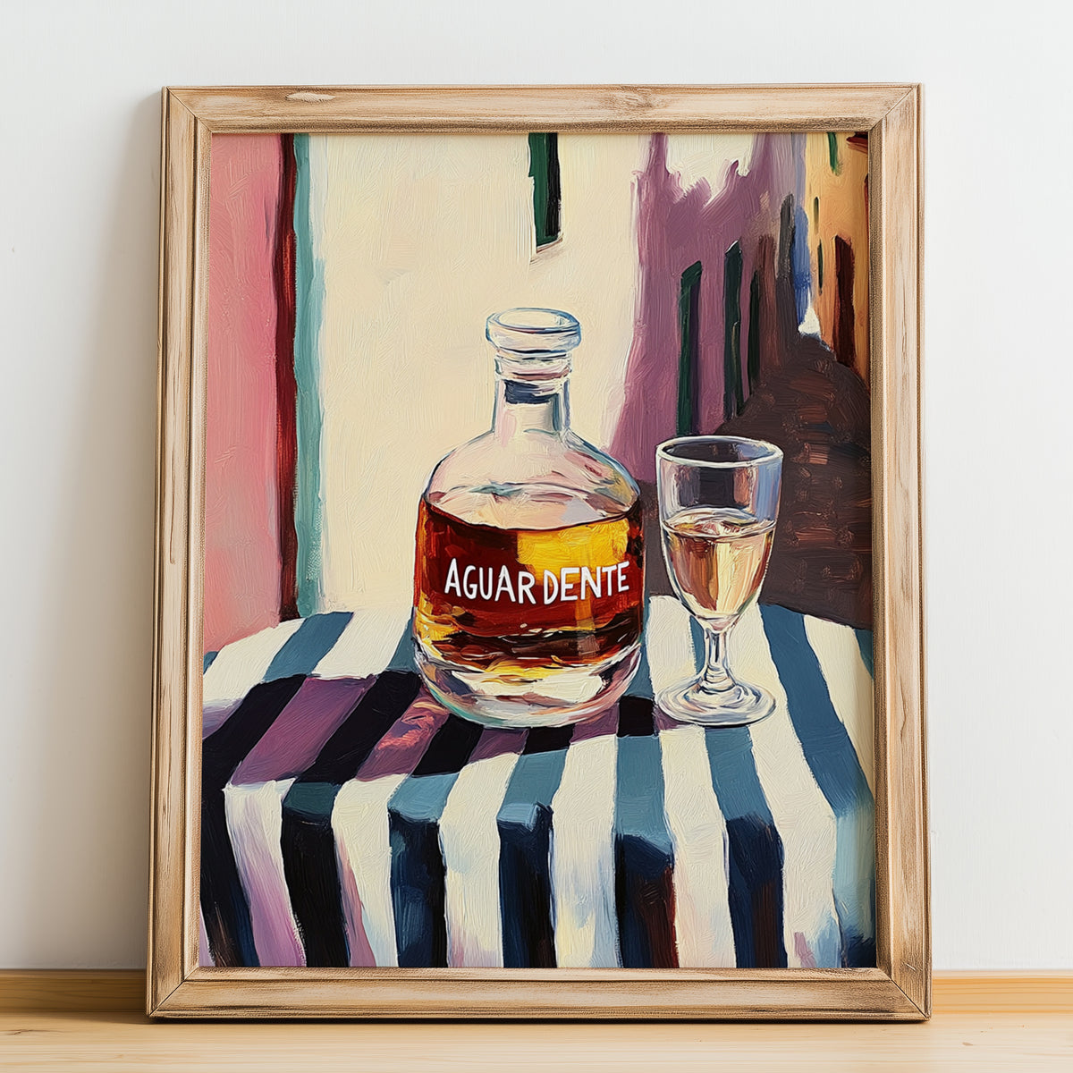Aguardente – Portuguese Outdoor Café Scene, Portuguese Spirit Painting, no-text version framed in wood