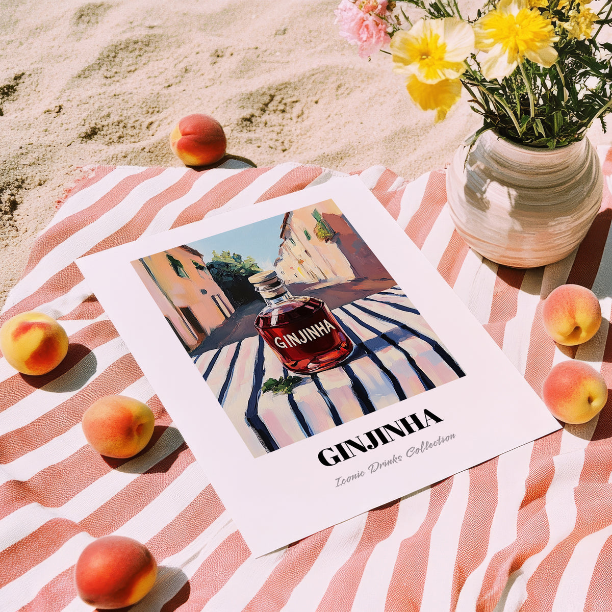 Ginjinha – Portuguese Street Café Scene, Portuguese Spirit Wall Decor, unframed on coastal sand