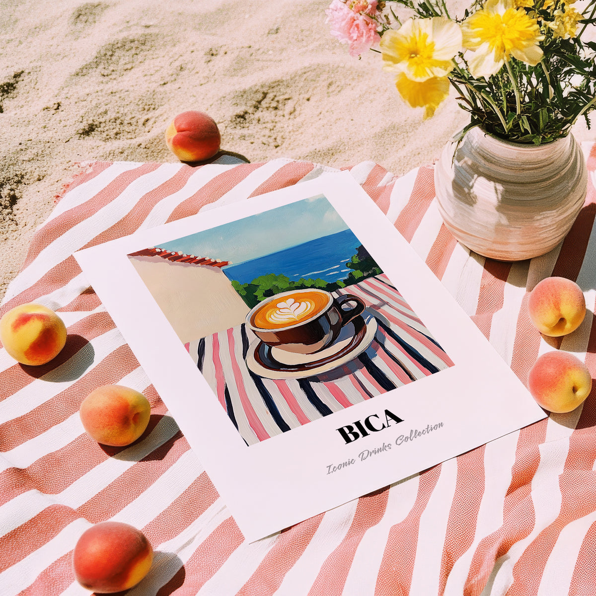 Bica – Portuguese Seaside Scene, Portuguese Coffee Wall Decor, unframed on coastal sand
