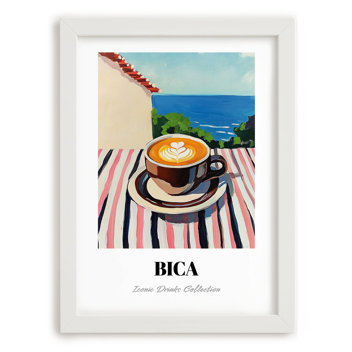 Bica – Portuguese Seaside Scene, Portuguese Coffee Wall Decor, placed in minimal white frame