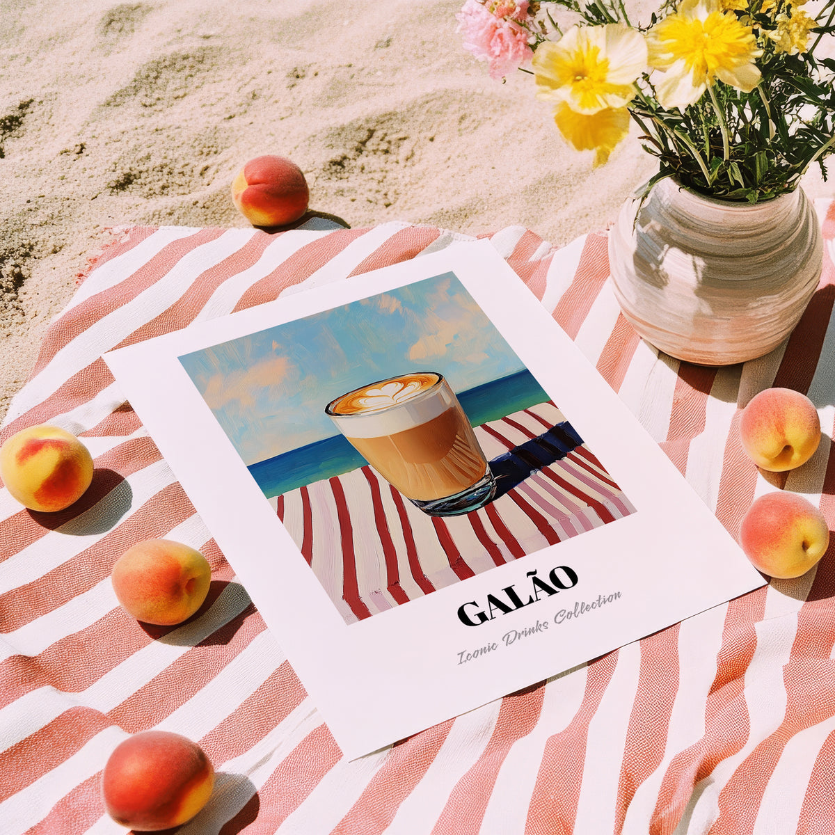 Galão – Portuguese Coastal Café Moment, Portuguese Coffee Painting, unframed on coastal sand